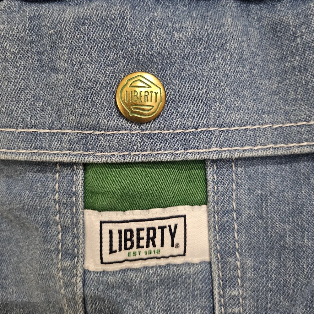 VINTAGE Liberty Blue Denim Short Y2K Overalls with Green Trim XL. - Picture 5 of 12